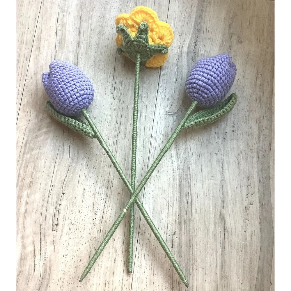 Crochet Flower Bouquet Handmade Tulips Rose Yellow Purple Flowers Country Decor